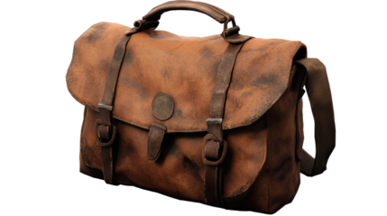 Vintage Leather Messenger Bag: A worn, weathered, and rustic vintage messenger bag, crafted from supple brown leather, exuding a timeless charm and robust durability.