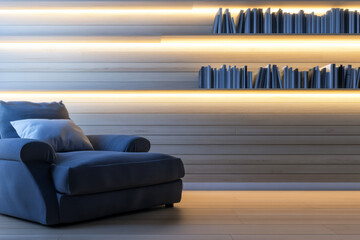 Cozy reading corner with modern decor and illuminated bookshelf in a serene atmosphere