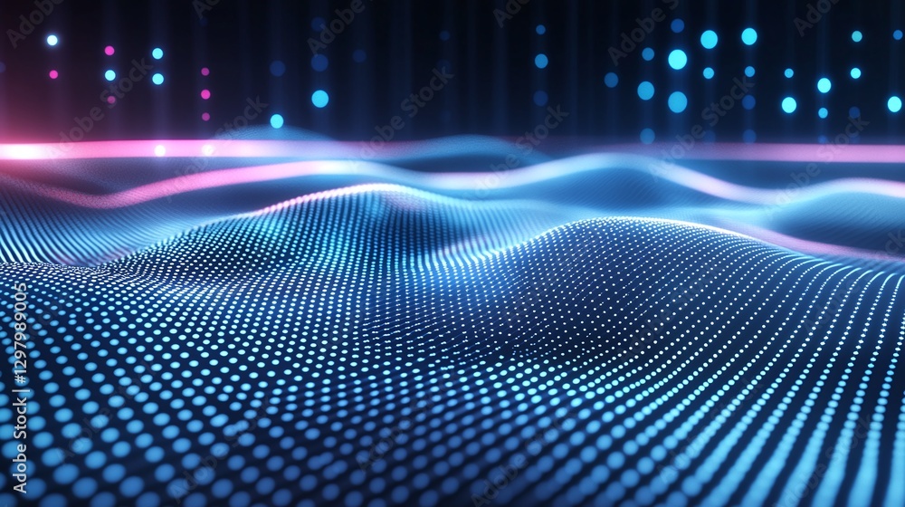 Poster a mesmerizing abstract representation of digital waves illuminated by vibrant blue and pink lights. 