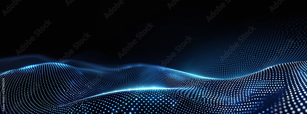 Poster a mesmerizing abstract visual of glowing blue waves composed of digital dots, creating an illusion o