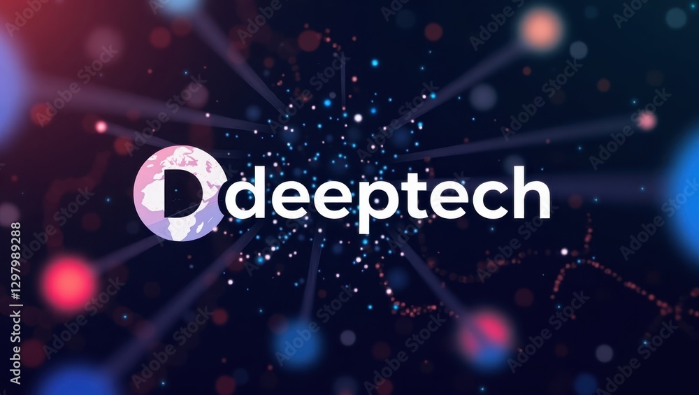 Poster deeptech. deep tech logo is surrounded by many blue and red dots