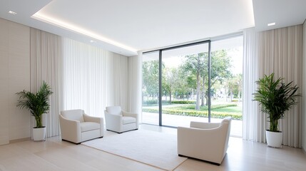 Fototapeta premium Modern minimalist living room with white armchairs and large windows overlooking a green garden.