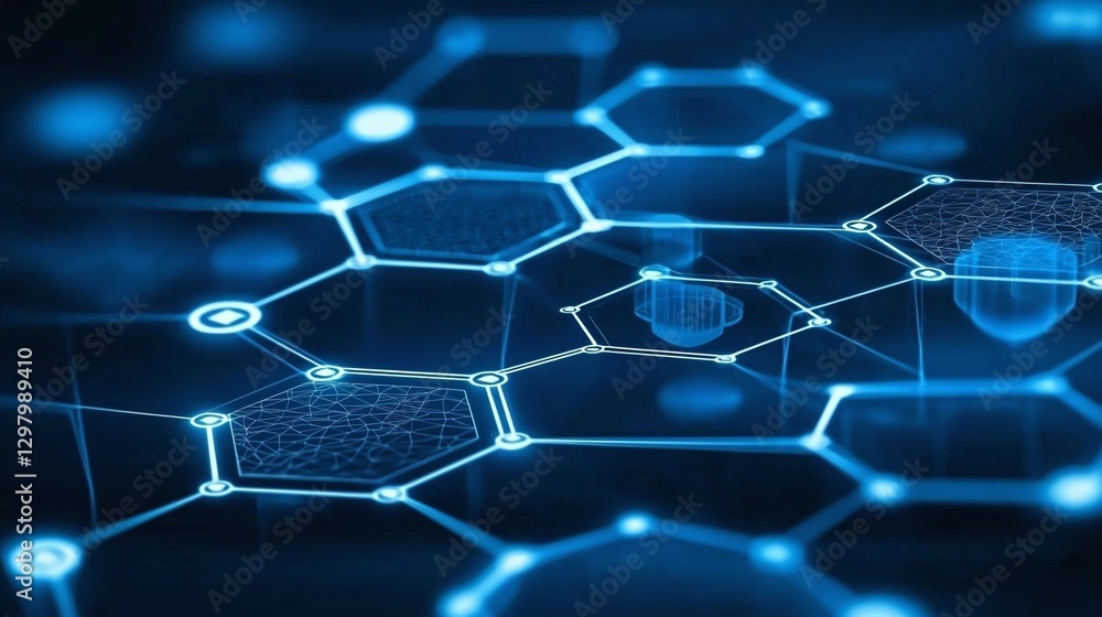 Poster a mesmerizing close-up view of interconnected hexagonal shapes, symbolizing digital innovation and t