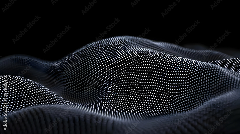 Poster abstract digital wave formed from illuminated particles on black background