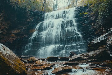 A waterfall cascading down moss-covered rocks in the middle of a forest. Mist rises from the rushing water, giving the area a magical feel.