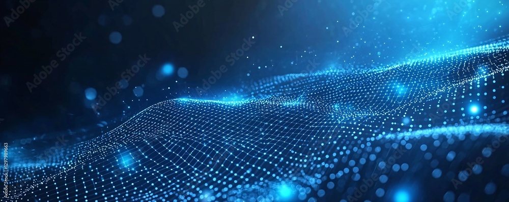 Poster a mesmerizing digital landscape of luminous blue particles creating a fluid wave effect, symbolizing