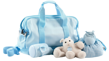 Baby Essentials Set: A delicate ensemble of baby essentials in soft shades of blue, including a diaper bag, bottles, and a cuddly bear.