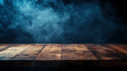 empty wooden table with smoke float up on dark background