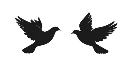 Two doves in flight, symbols of peace and hope, soaring against a stark white background in a minimalist black silhouette.