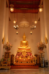 Fototapeta premium The golden sitting Buddha statue is made of bronze and is enshrined in Wat Phra Chetuphon Wimonmangklaram or Wat Pho is popular with both Thai and foreign tourists. Located at Bangkok capital city.