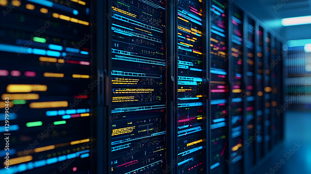 Poster server racks in dark data center with blue illumination and colorful lights