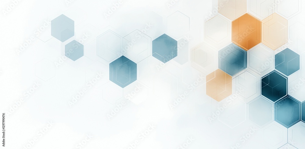Poster a modern abstract background featuring a blend of hexagonal shapes in varying shades of blue and ora