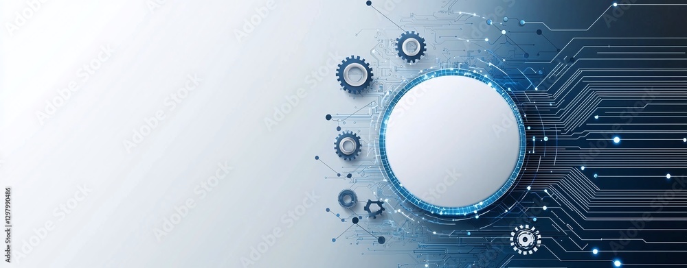 Poster a modern abstract background featuring a circular space framed by intricate circuitry and gears, sui