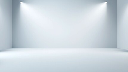 A minimalist interior space featuring plain white walls and smooth flooring, illuminated by soft lights, perfect for artistic displays or photography settings.