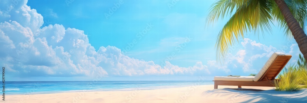 Poster pristine beach with a lounge chair under palm trees and a clear blue sky featuring soft clouds and c