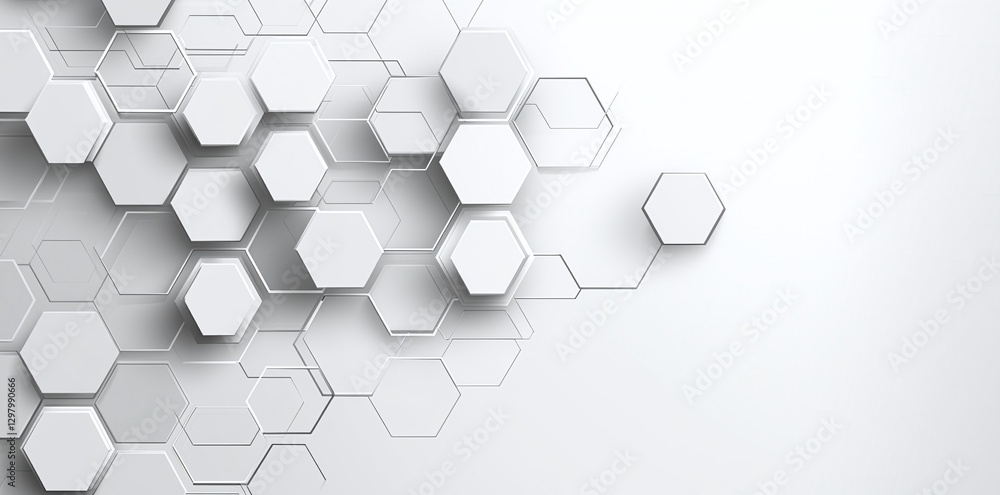 Poster a modern abstract background featuring a pattern of hexagons in varying sizes and shades of white. i