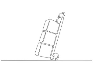 Continuous line drawing of hand trolley for cardboard. Single line illustration of hand truck boxes. Shipment and logistic concept. Editable outline