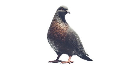 Naklejka premium A city pigeon, a quiet observer of urban life, stands proudly against a bright white backdrop, showcasing its rich, dark plumage in soft, natural light.