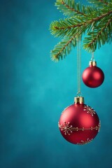 ornaments hanging from a branch on a blue background, twigs, holiday decor, blue