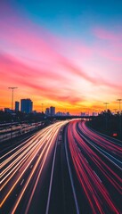 A breathtaking twilight scene of a bustling highway with a stunning sunset and vibrant illuminations