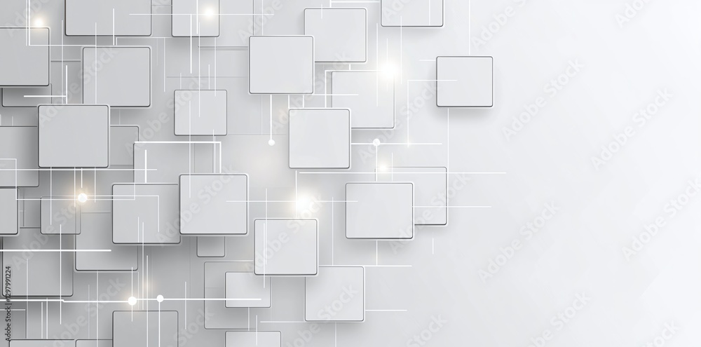 Poster a modern abstract background featuring layered white squares and glowing elements. perfect for tech,