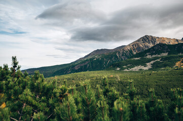 Obraz premium Mountain Range with Lush Greenery and Cloudy Sky