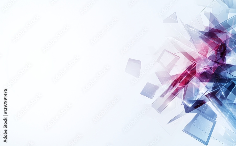 Poster a modern abstract composition featuring overlapping transparent shapes in red, blue, and white, crea
