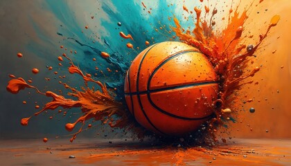 Abstract artistic image of basketball ball surrounded by splatters of orange and blue paint. Modern colorful illustration suitable for sport events, team branding designs or dynamic promo materials.