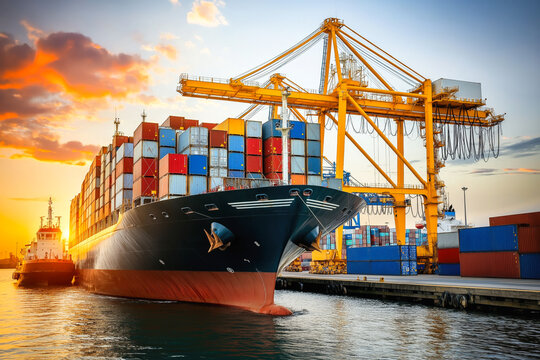 Vibrant Scene of a Container Ship and Crane Loading Goods
