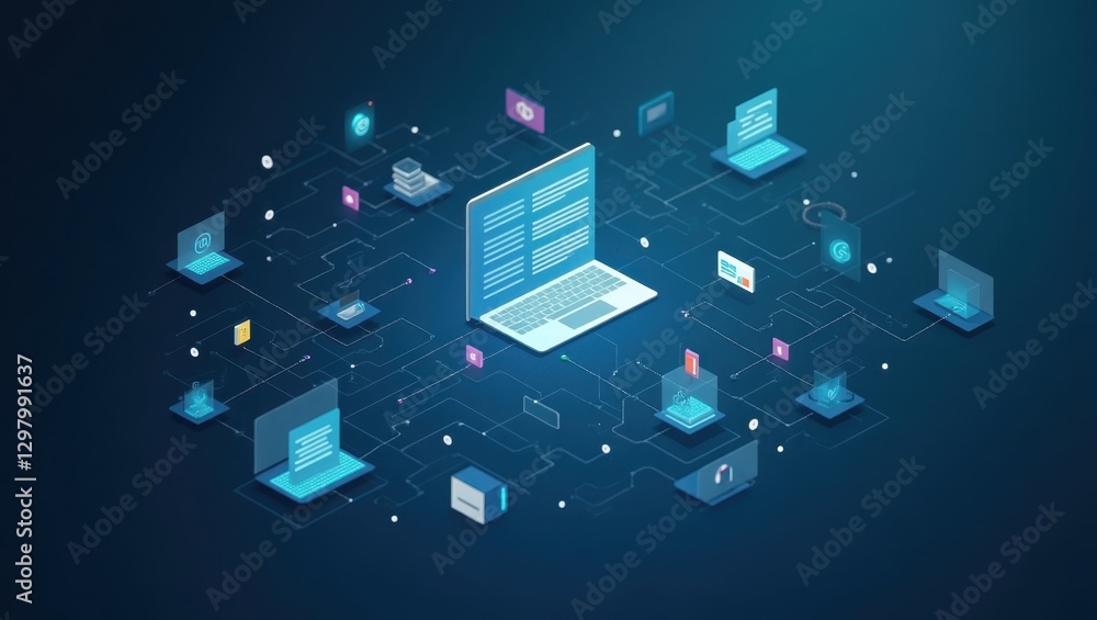Poster docvqa. multiple blue laptops with digital data flow, network connection concept, technology backgro