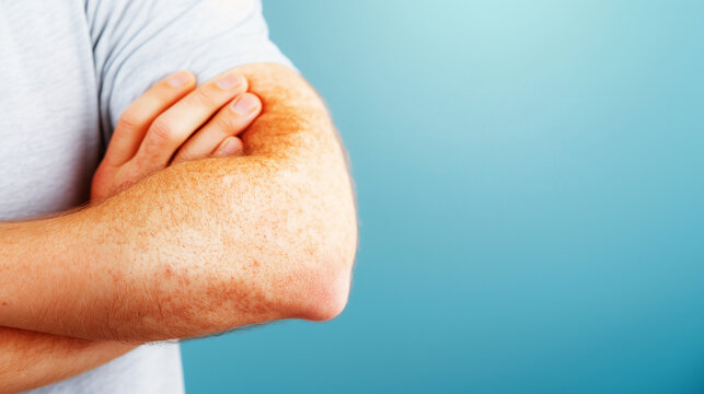 Detailed macro shot of an irritated skin rash on a man's legs, caused by an allergic reaction, dry skin, or insect bites, highlighting redness and inflammation. allergic rash, infl