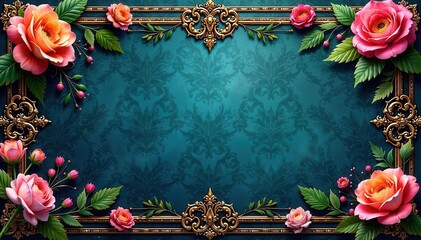 Ornate metal filigree border surrounding a floral pattern, Victorian era, ornate borders, vintage aesthetic