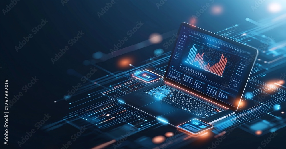 Aufkleber a modern laptop displaying complex data analytics on a digital interface, highlighting advancements 