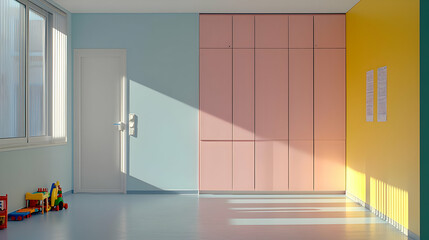 Colorful Minimalist Room Interior With Sunlight And Geometric Wall Design