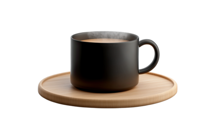Serene Sip: A minimalist studio shot showcases a black ceramic mug of steaming beverage, perfectly poised atop a wooden tray, conveying warmth and simple pleasure.