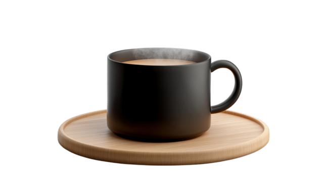 Serene Sip: A minimalist studio shot showcases a black ceramic mug of steaming beverage, perfectly poised atop a wooden tray, conveying warmth and simple pleasure.