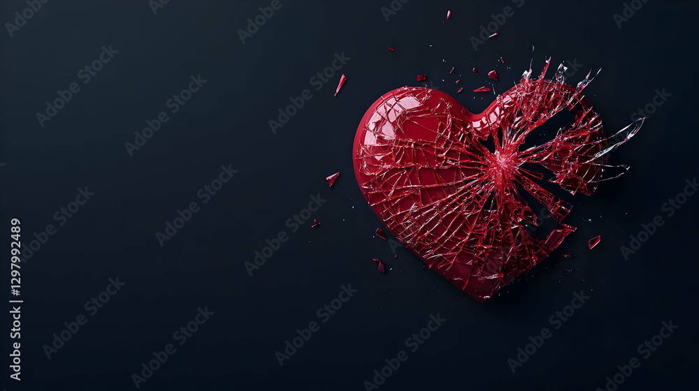Poster red heart exploding with splatter on dark background depicting love concept and passion