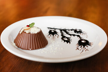 Chocolate dessert with artistic plate decoration