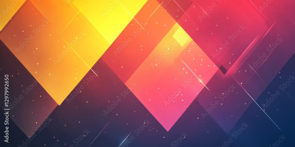 Poster colorful abstract background showcasing overlapping squares and glowing particles