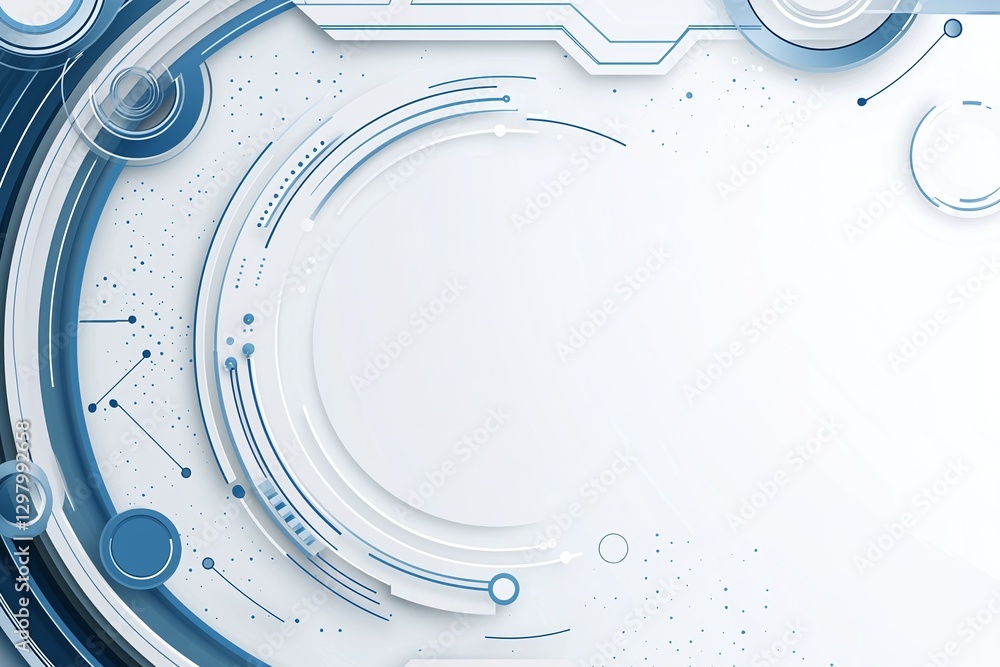 Poster a sleek, modern background featuring abstract circular lines and shapes in a blue and white color sc