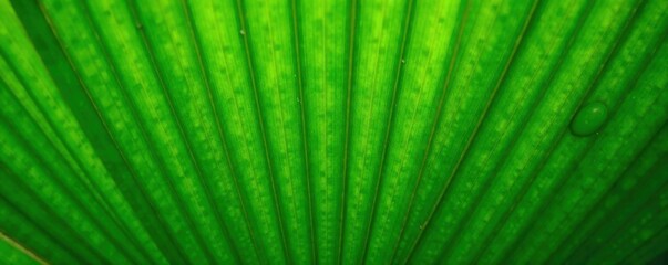 Obraz premium Palm leaf with intricate venation and vibrant green color, showcasing its natural texture and unique patterns, nature, greenery, texture