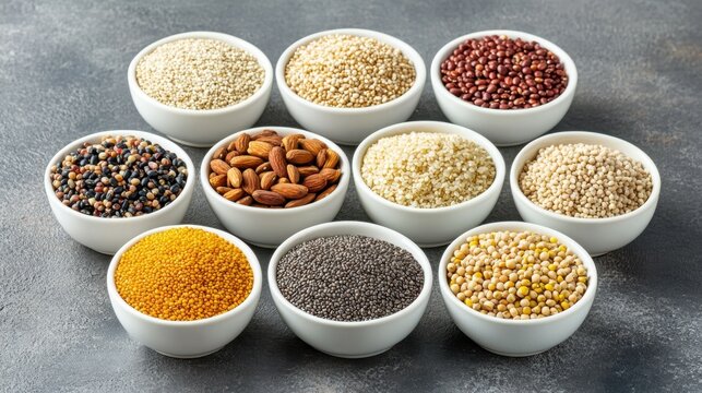 Superfoods and cereals selection in bowls: quinoa, chia, goji berry, mung bean, buckwheat, bean, turmeric, polba, bulgur, lentil, sesame, flax seed, wild rice, almond on grey concrete background