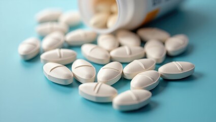 Icosapent Ethyl. White round tablets spilling from bottle, healthcare