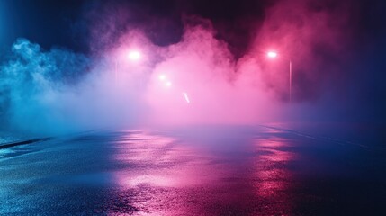 Obraz premium Background of empty room, street, neon light, smoke, fog, asphalt, concrete floor