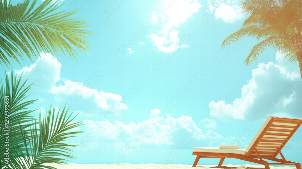 Poster relaxing beach setting with a sun lounger surrounded by palm trees on a sunny day under a bright blu