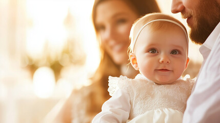 A serene moment as a baby girl in a white baptism gown is held by her godparents during the baptism. The soft light and sacred atmosphere emphasize the purity and innocence of this