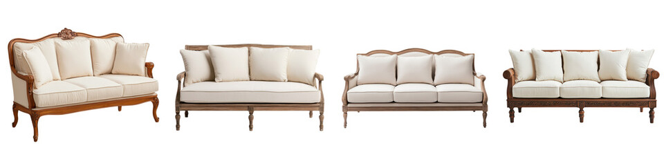 Fototapeta premium A collection of elegant and refined antique inspired luxury living room furniture pieces including ornately carved wooden sofas loveseats and chairs upholstered in rich velvet fabrics