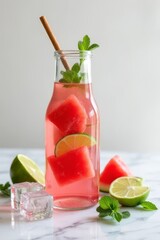A refreshing mojito cocktail with lime mint and ice on a white background