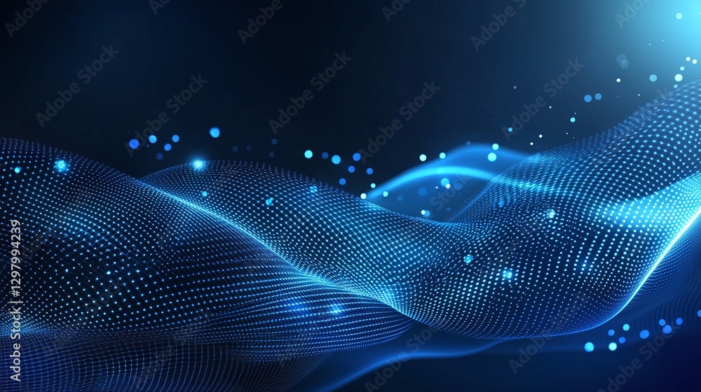 Poster a stunning abstract representation of data flow in blue hues, showcasing dynamic waves and glowing d