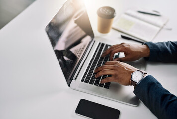 Business person, hands or typing with laptop screen for research, online information or...